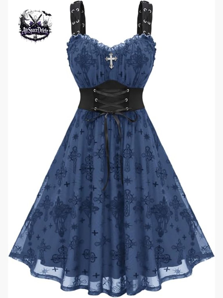 Plus Size Gothic Mesh Lace Backless Midi Dress A-Line Vintage Style